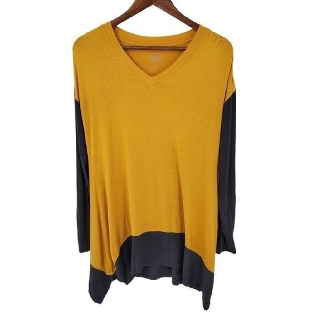 LOGO Lori Goldstein Womens S Mustard Colorblock Tunic Top Asymmetrical Hem - Picture 2 of 9